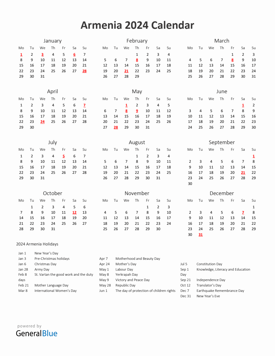 2024 Yearly Calendar Printable With Armenia Holidays