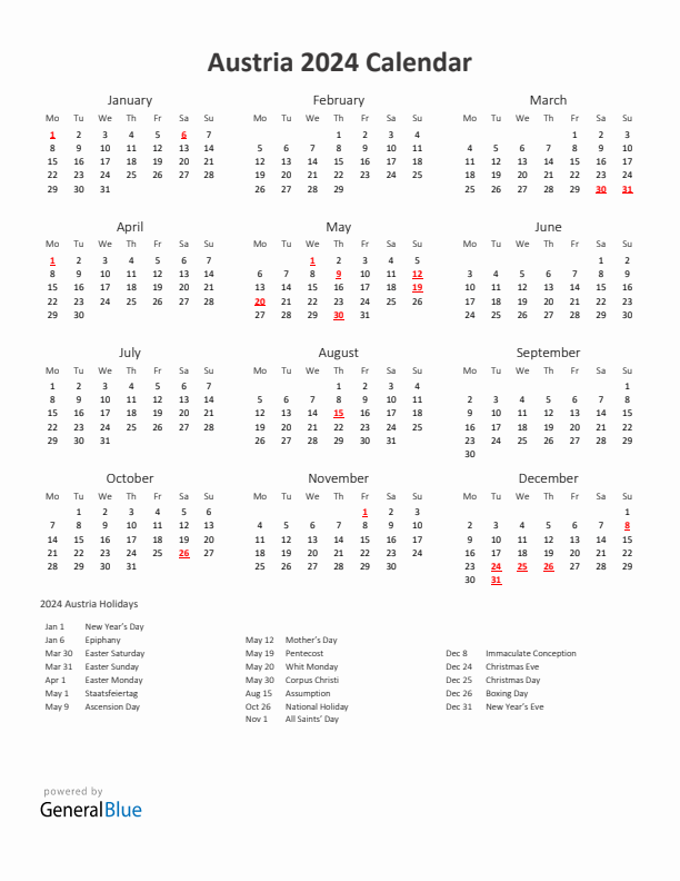 2024 Yearly Calendar Printable With Austria Holidays