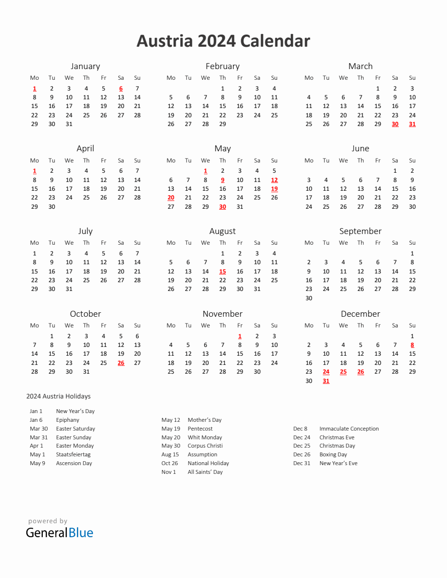 2024 Yearly Calendar Printable With Austria Holidays