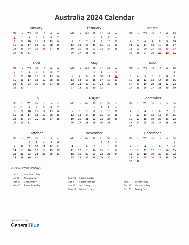 2024 Yearly Calendar Printable With Australia Holidays
