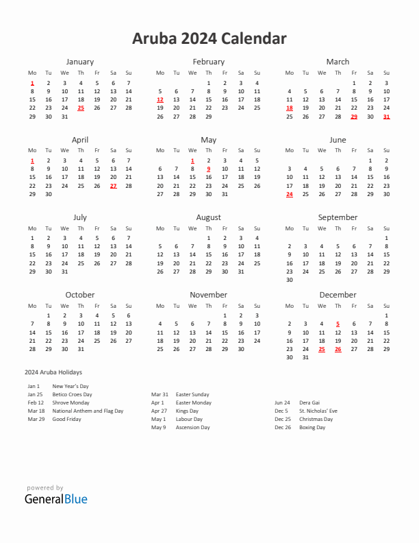 2024 Yearly Calendar Printable With Aruba Holidays