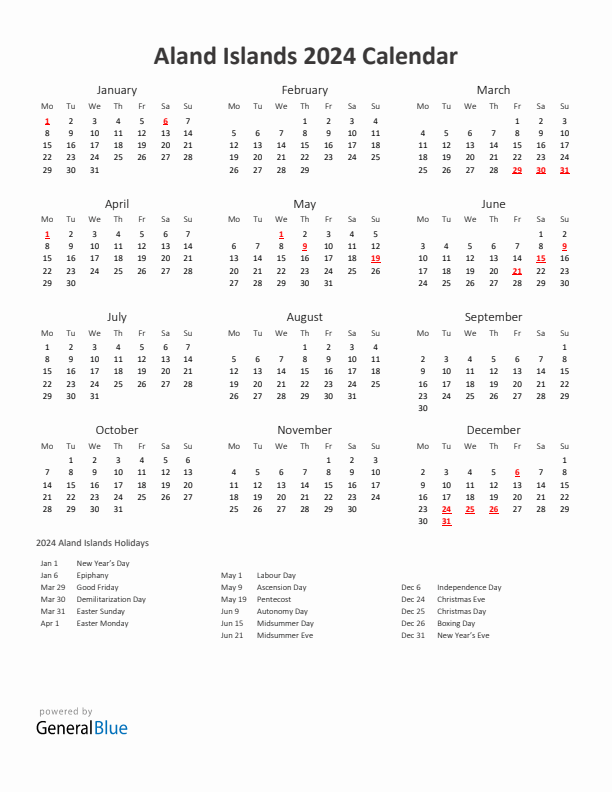 2024 Yearly Calendar Printable With Aland Islands Holidays