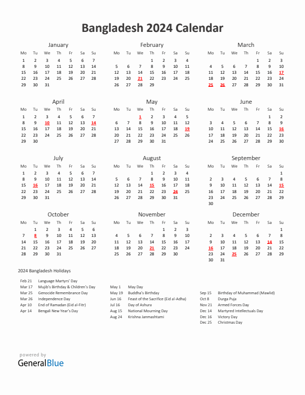 2024 Yearly Calendar Printable With Bangladesh Holidays