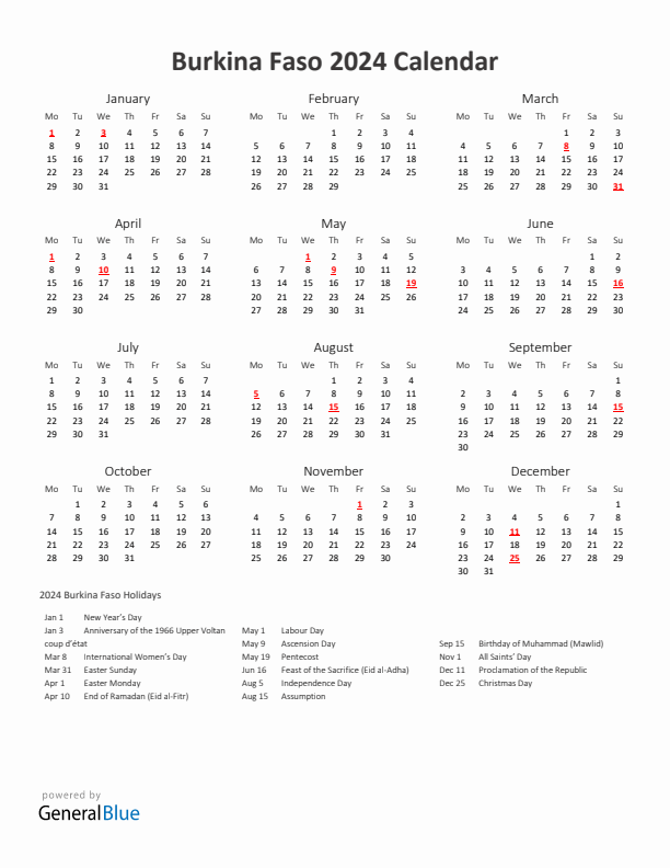2024 Yearly Calendar Printable With Burkina Faso Holidays