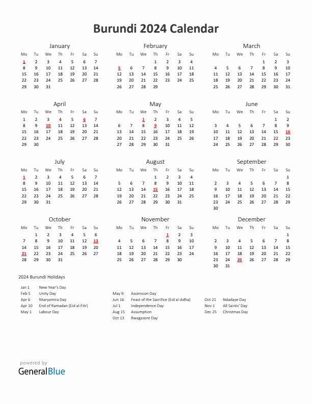 2024 Yearly Calendar Printable With Burundi Holidays