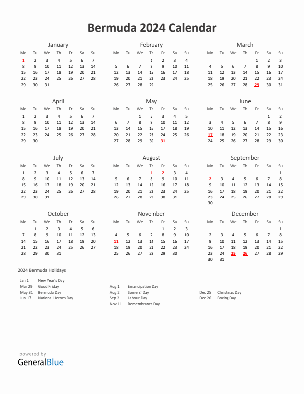 2024 Yearly Calendar Printable With Bermuda Holidays