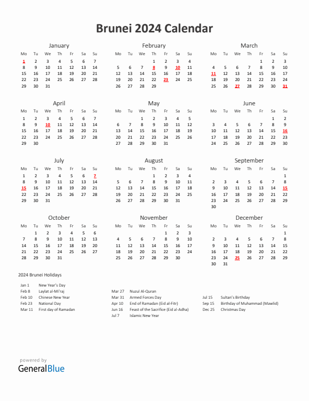 2024 Yearly Calendar Printable With Brunei Holidays