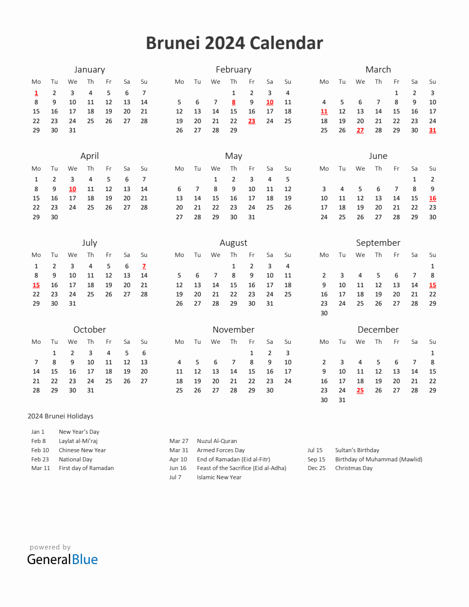 2024 Yearly Calendar Printable With Brunei Holidays   2024 Calendar Printable With Holidays Portrait Monday Start En Bn 918x1188 