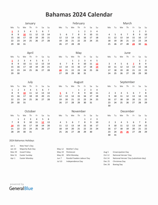 2024 Yearly Calendar Printable With Bahamas Holidays