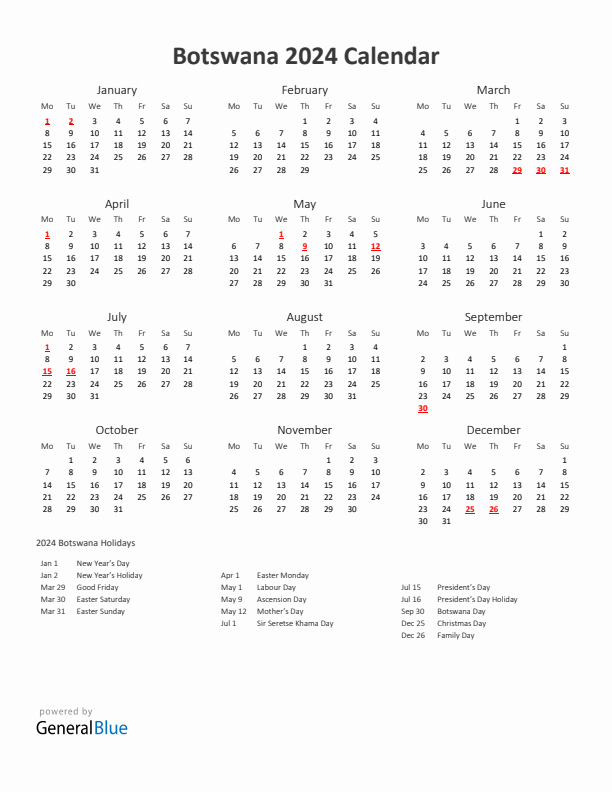 2024 Yearly Calendar Printable With Botswana Holidays