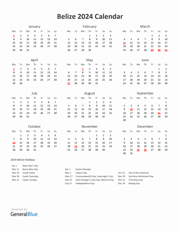 2024 Yearly Calendar Printable With Belize Holidays