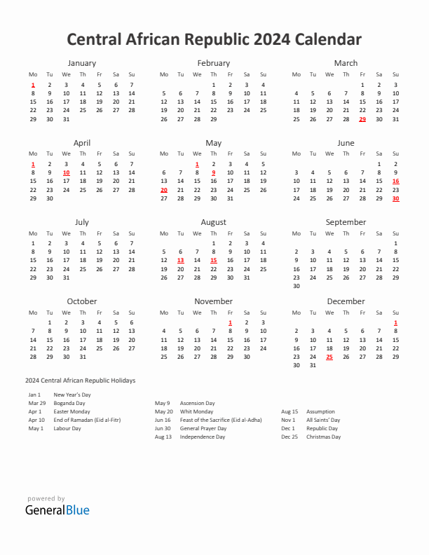 2024 Yearly Calendar Printable With Central African Republic Holidays