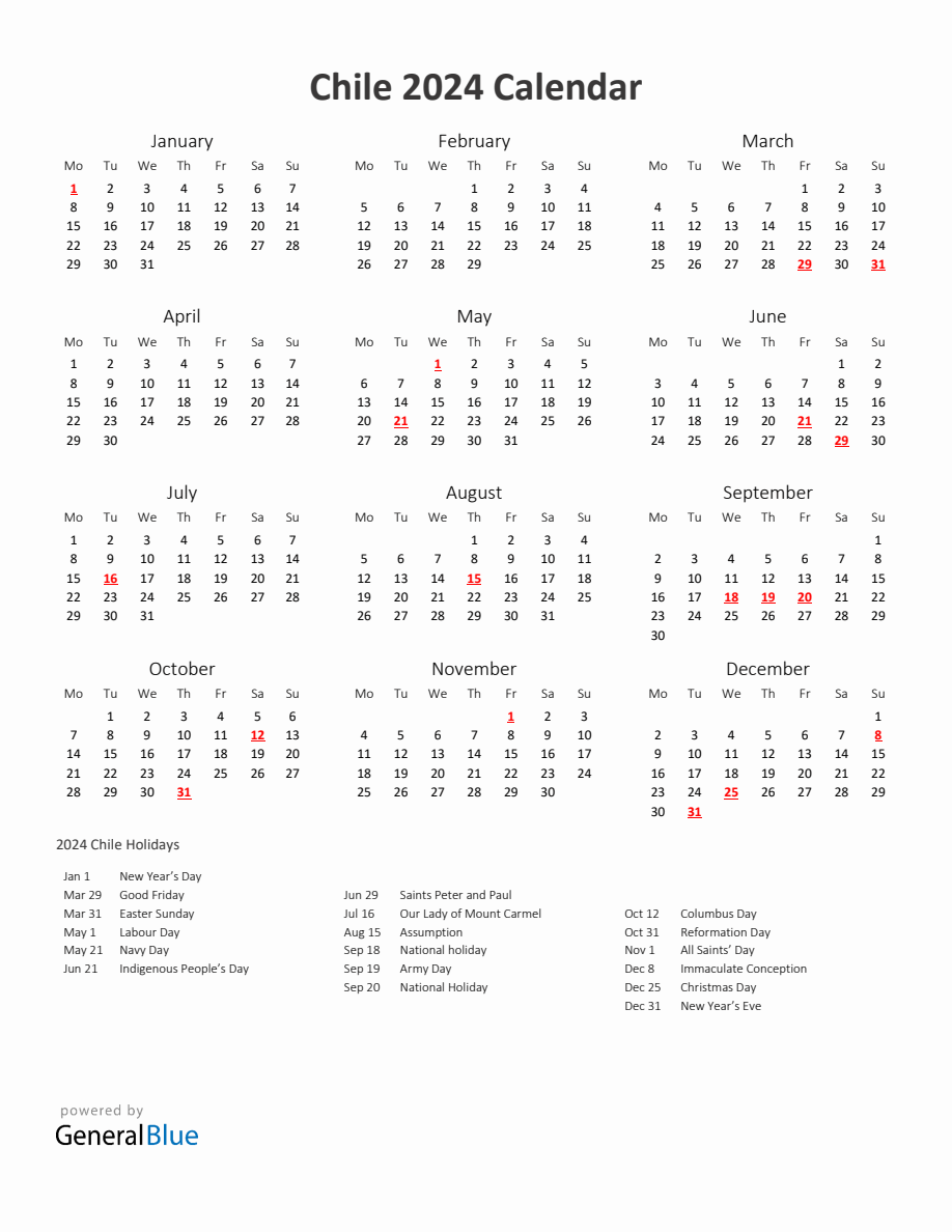 2024 Yearly Calendar Printable With Chile Holidays