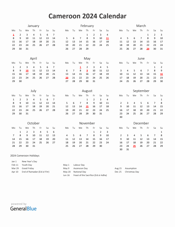 2024 Yearly Calendar Printable With Cameroon Holidays