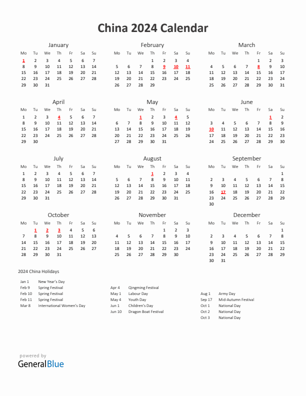 2024 Yearly Calendar Printable With China Holidays