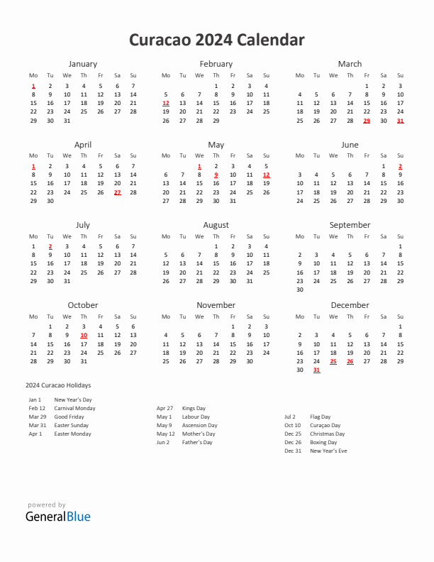 2024 Yearly Calendar Printable With Curacao Holidays