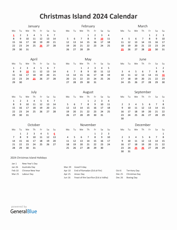 2024 Yearly Calendar Printable With Christmas Island Holidays