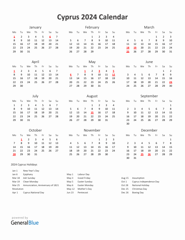 2024 Yearly Calendar Printable With Cyprus Holidays