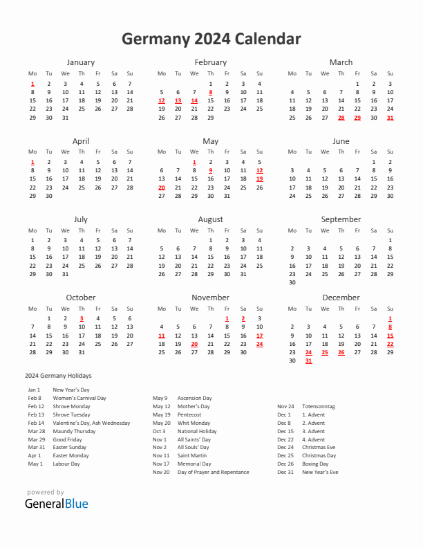2024 Yearly Calendar Printable With Germany Holidays