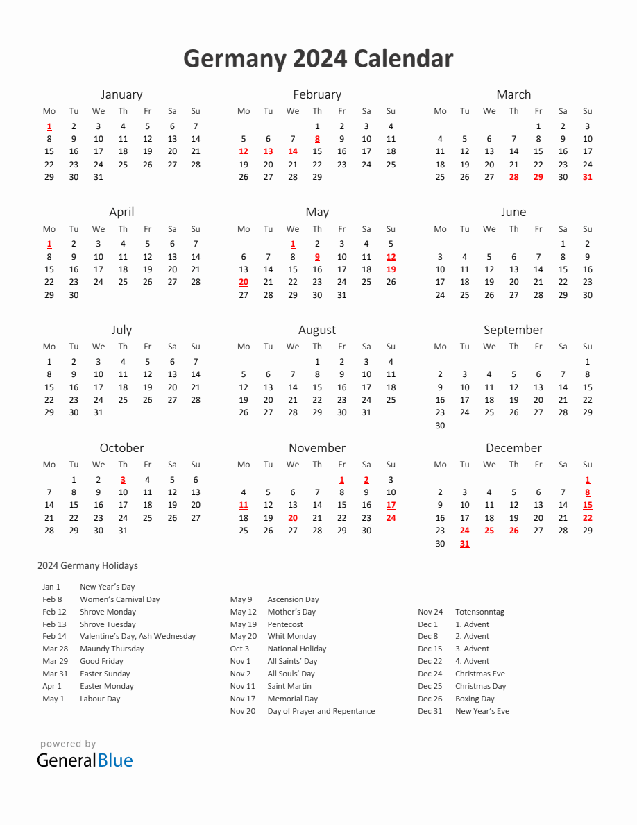 2024 Yearly Calendar Printable With Germany Holidays