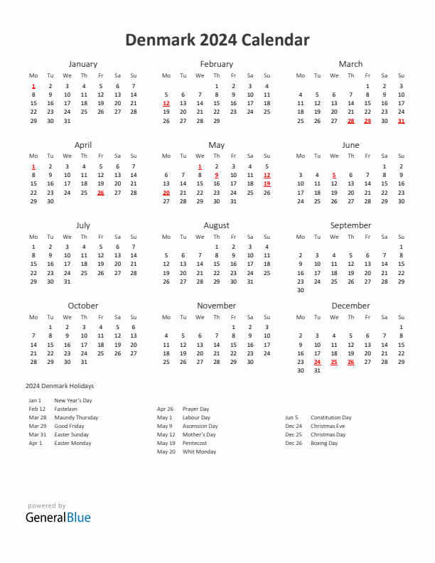 2024 Yearly Calendar Printable With Denmark Holidays