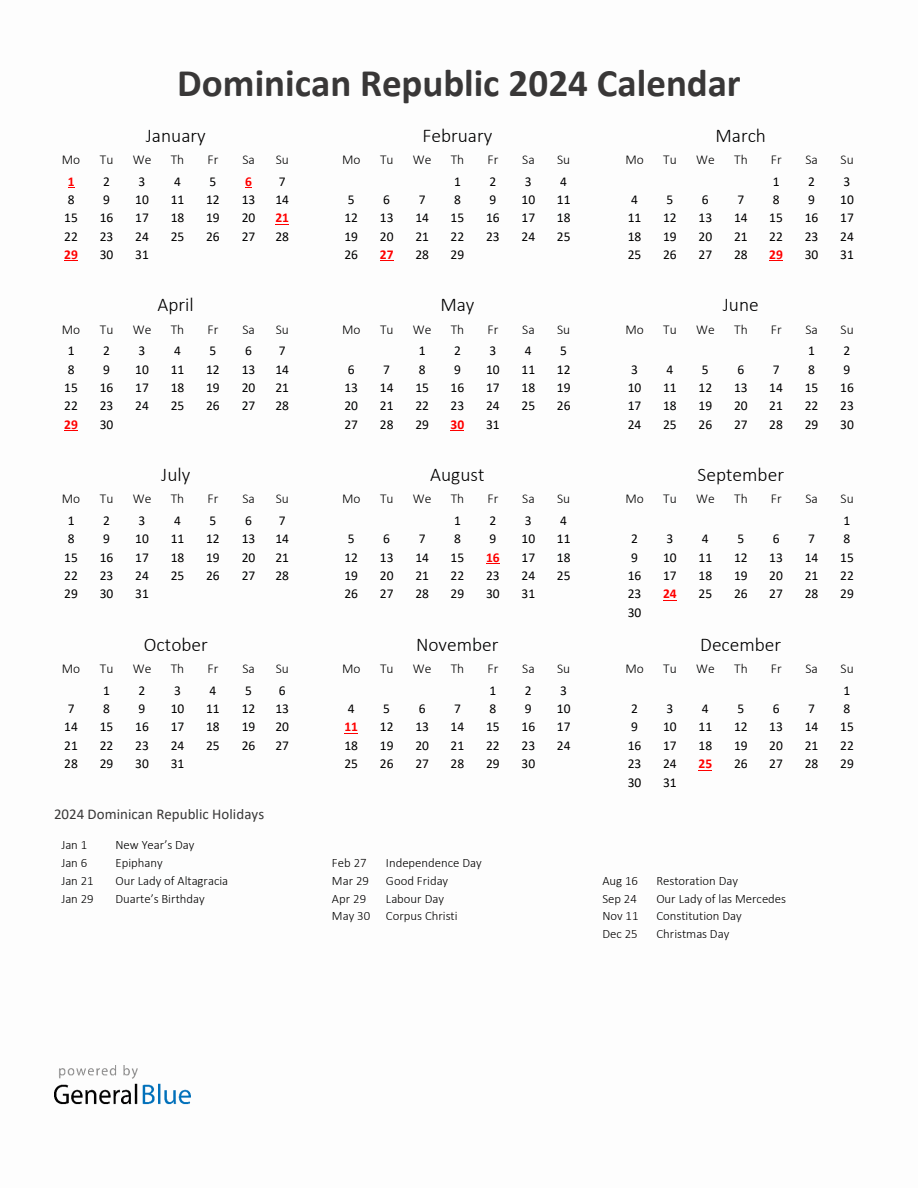 2024 Yearly Calendar Printable With Dominican Republic Holidays