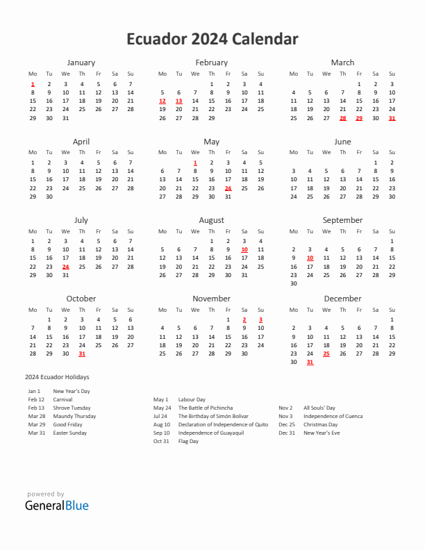 2024 Yearly Calendar Printable With Ecuador Holidays