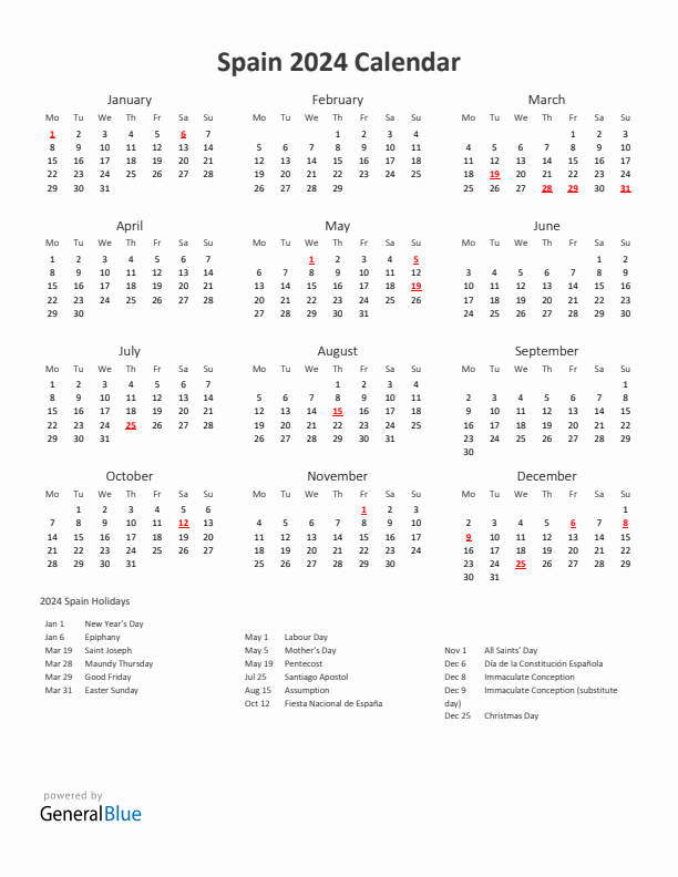 2024 Yearly Calendar Printable With Spain Holidays