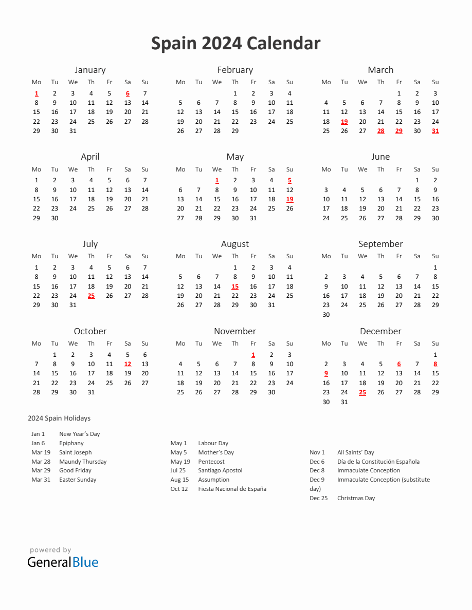 2024 Yearly Calendar Printable With Spain Holidays