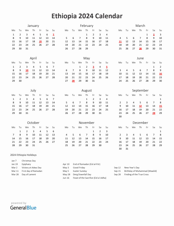 2024 Yearly Calendar Printable With Ethiopia Holidays