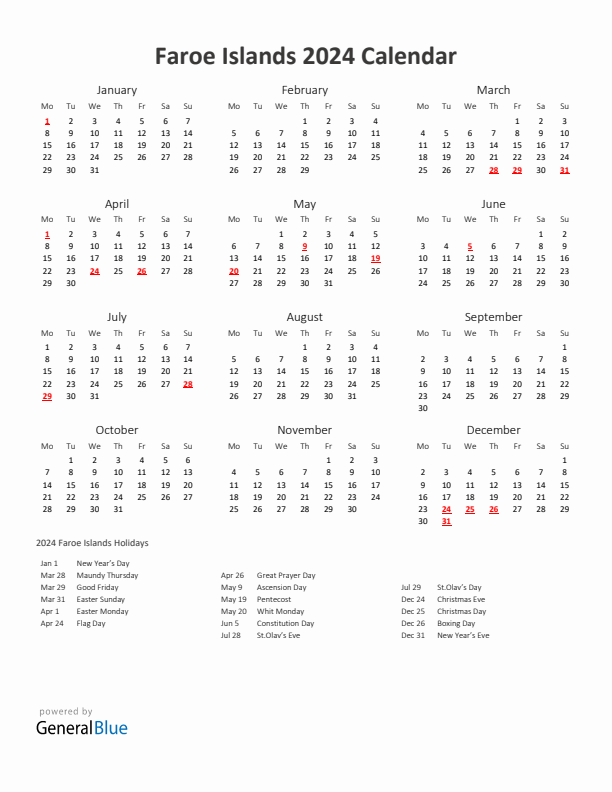 2024 Yearly Calendar Printable With Faroe Islands Holidays