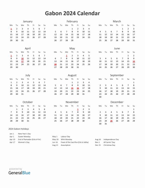 2024 Yearly Calendar Printable With Gabon Holidays