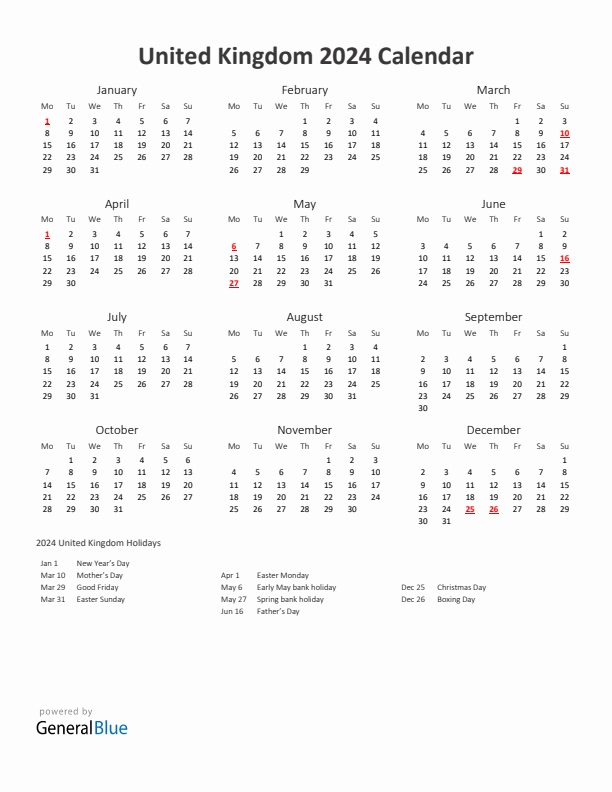 2024 Yearly Calendar Printable With United Kingdom Holidays