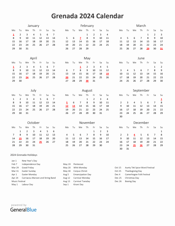 2024 Yearly Calendar Printable With Grenada Holidays