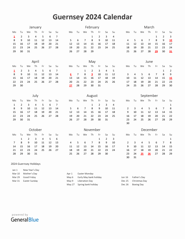 2024 Yearly Calendar Printable With Guernsey Holidays