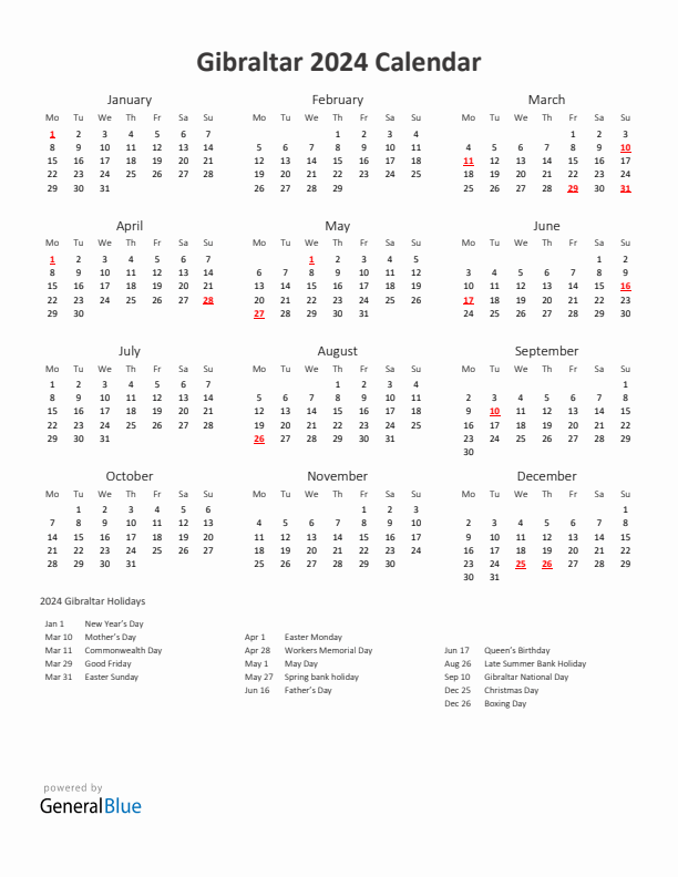 2024 Yearly Calendar Printable With Gibraltar Holidays