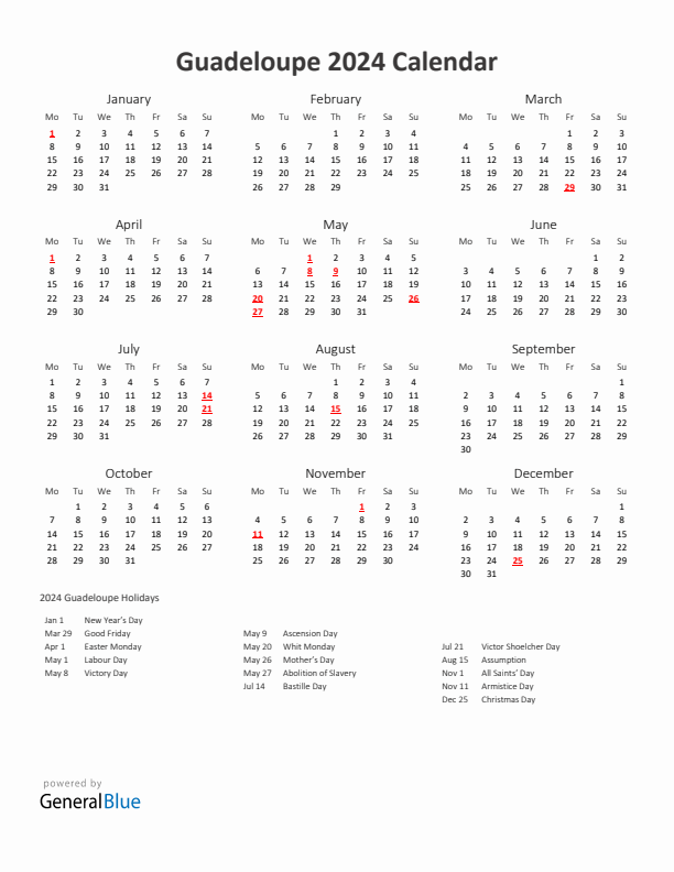 2024 Yearly Calendar Printable With Guadeloupe Holidays