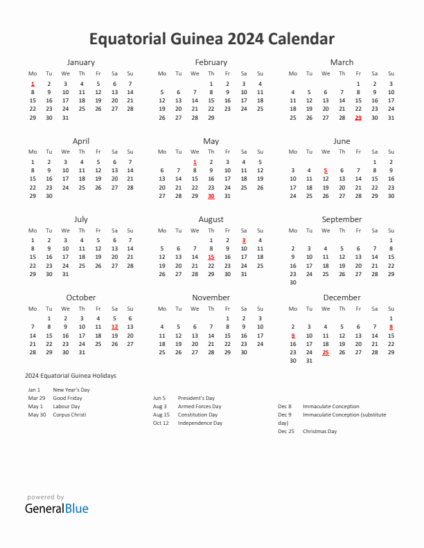 2024 Yearly Calendar Printable With Equatorial Guinea Holidays