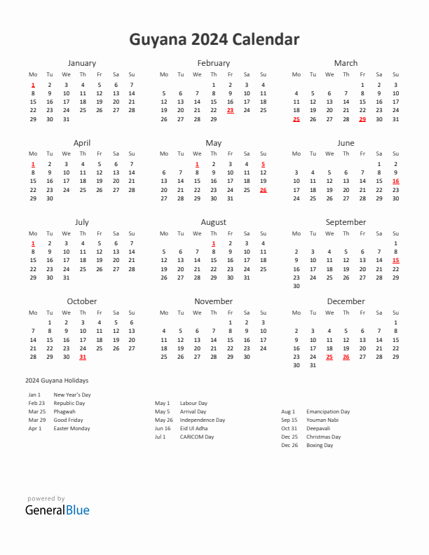 2024 Yearly Calendar Printable With Guyana Holidays