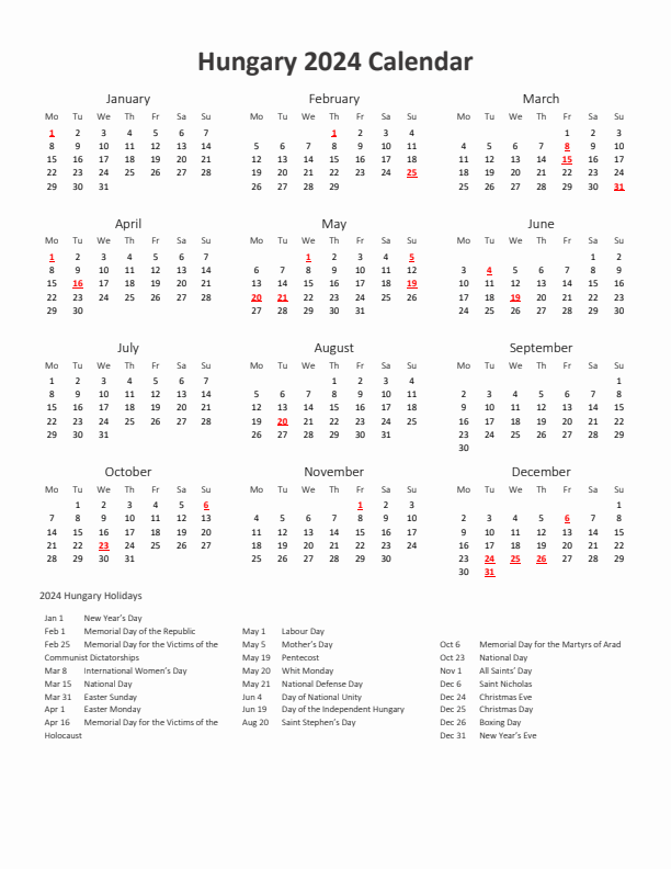 2024 Yearly Calendar Printable With Hungary Holidays