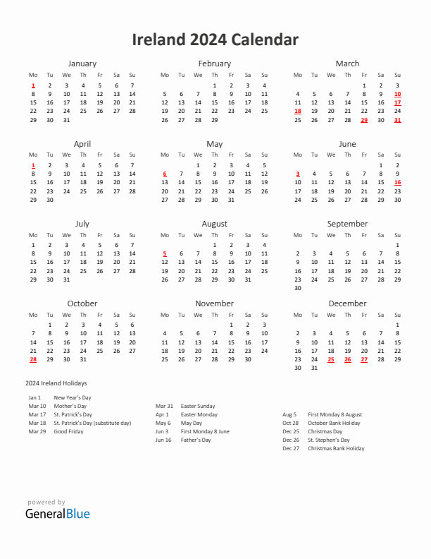 2024 Yearly Calendar Printable With Ireland Holidays
