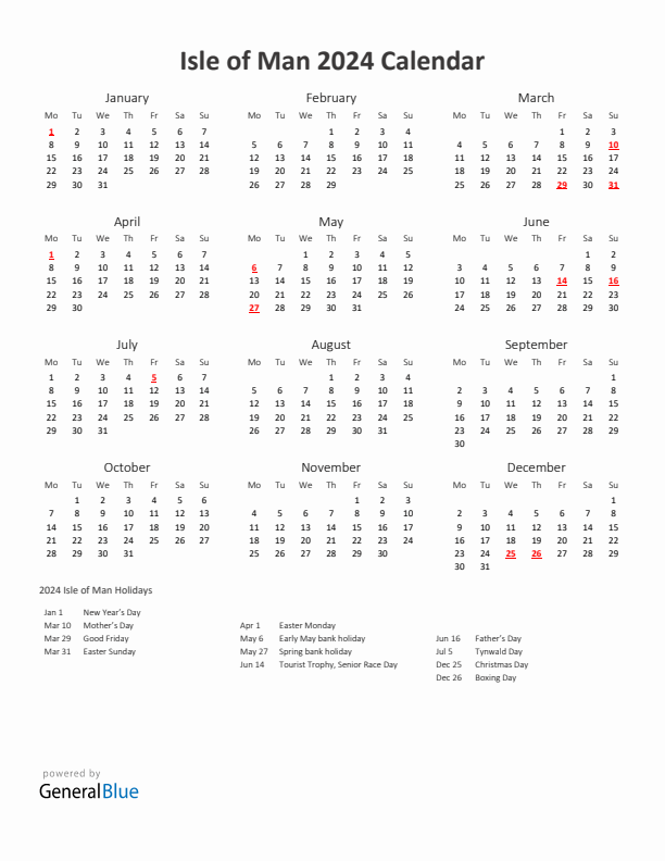 2024 Yearly Calendar Printable With Isle of Man Holidays