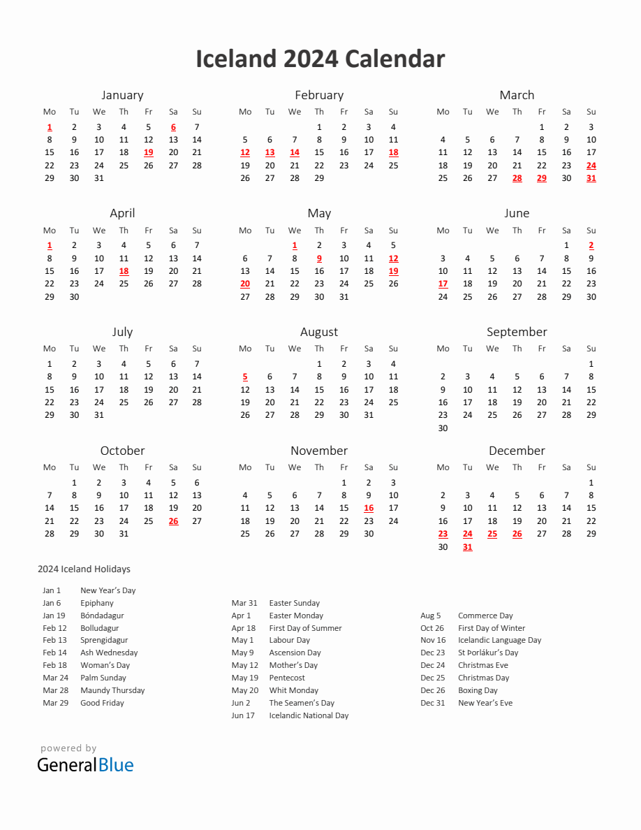 2024 Yearly Calendar Printable With Iceland Holidays