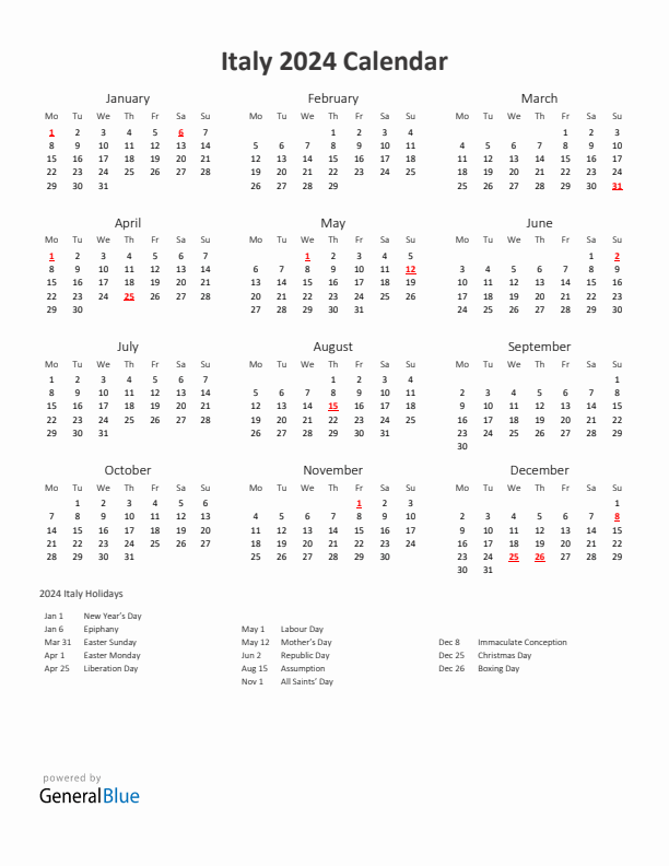 2024 Yearly Calendar Printable With Italy Holidays