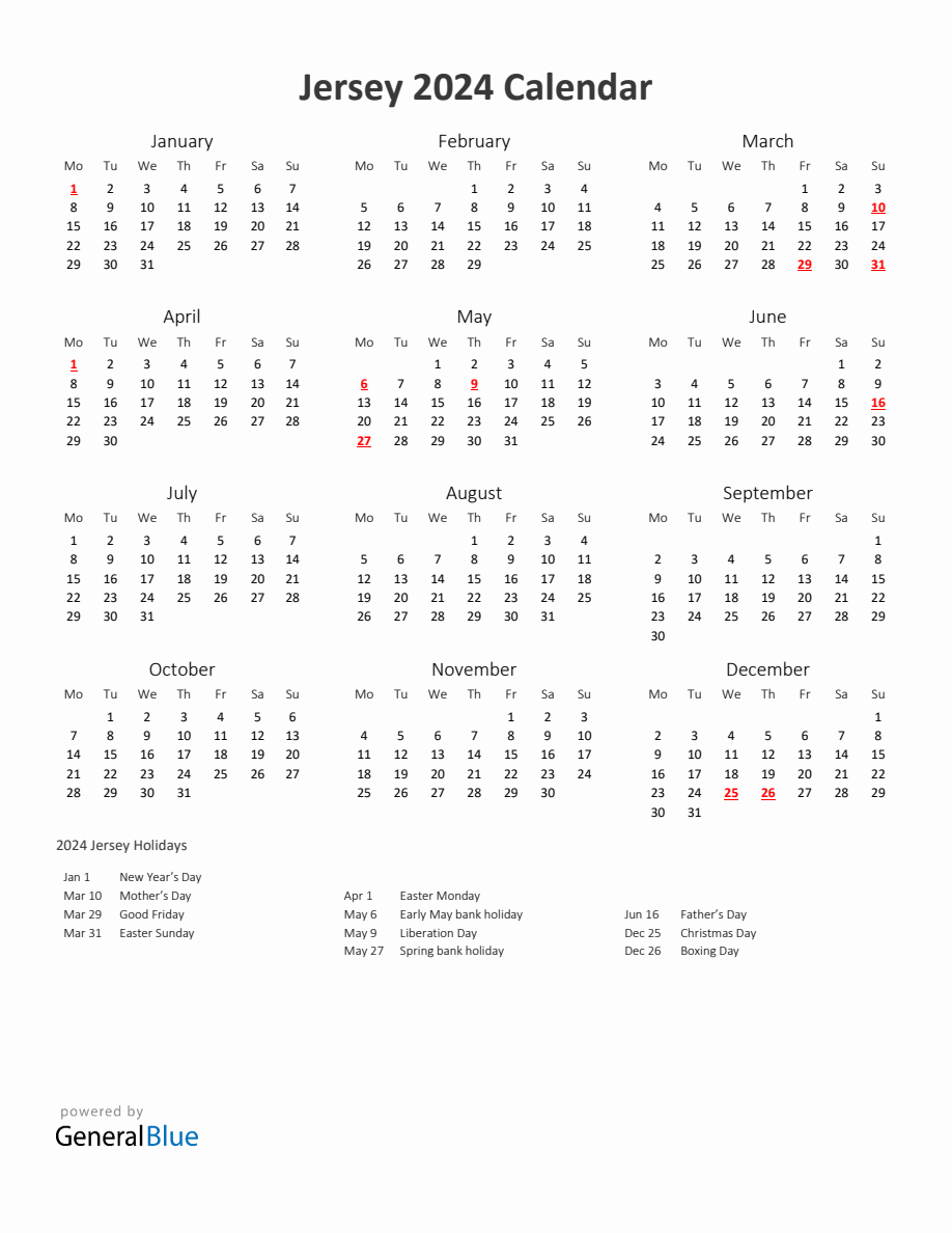 2024 Yearly Calendar Printable With Jersey Holidays