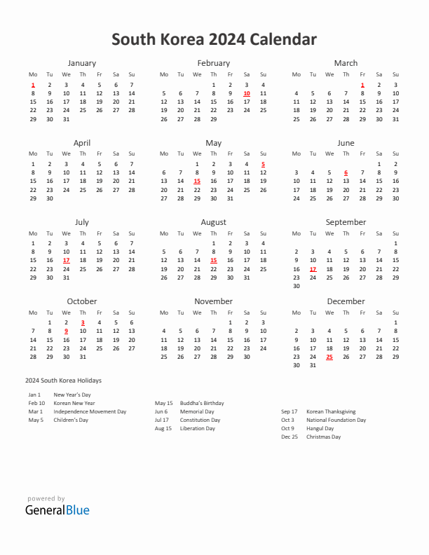 2024 Yearly Calendar Printable With South Korea Holidays