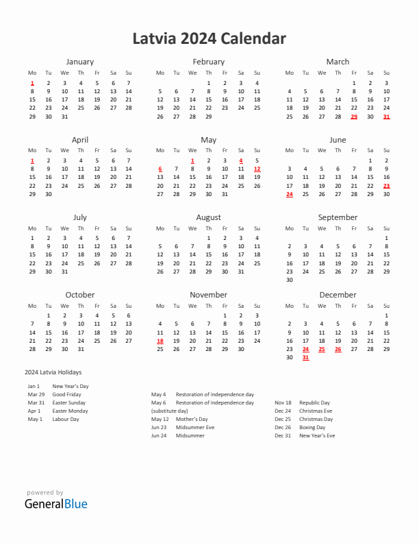 2024 Yearly Calendar Printable With Latvia Holidays