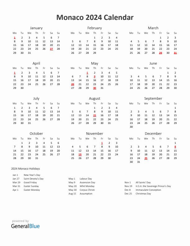 2024 Yearly Calendar Printable With Monaco Holidays