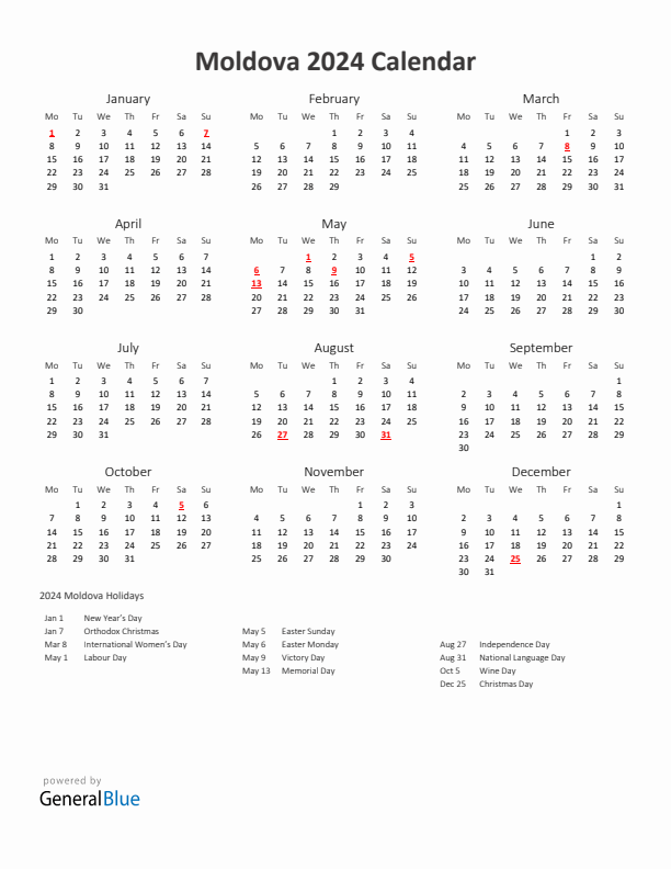 2024 Yearly Calendar Printable With Moldova Holidays