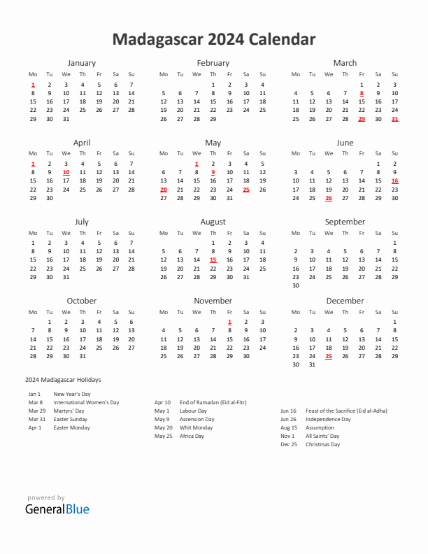 2024 Yearly Calendar Printable With Madagascar Holidays
